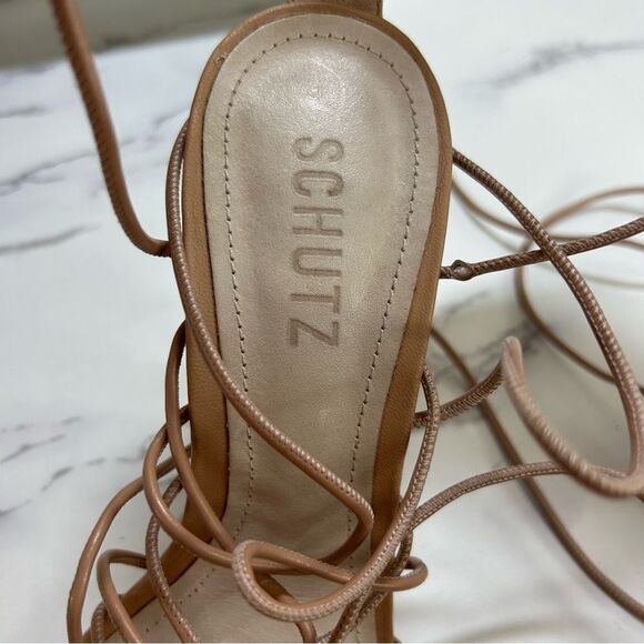 Schutz, “Heyde” Leather Sandal, Lace-Up, Stilleto Heel, Square Toe - Size 8, Tan - Picture 12 of 16